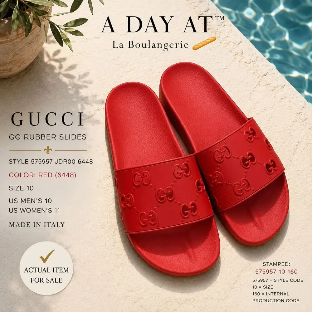 Gucci GG Rubber Slides Red 575957 Sandals Mens 10 Womens 11 Made In Italy Pool